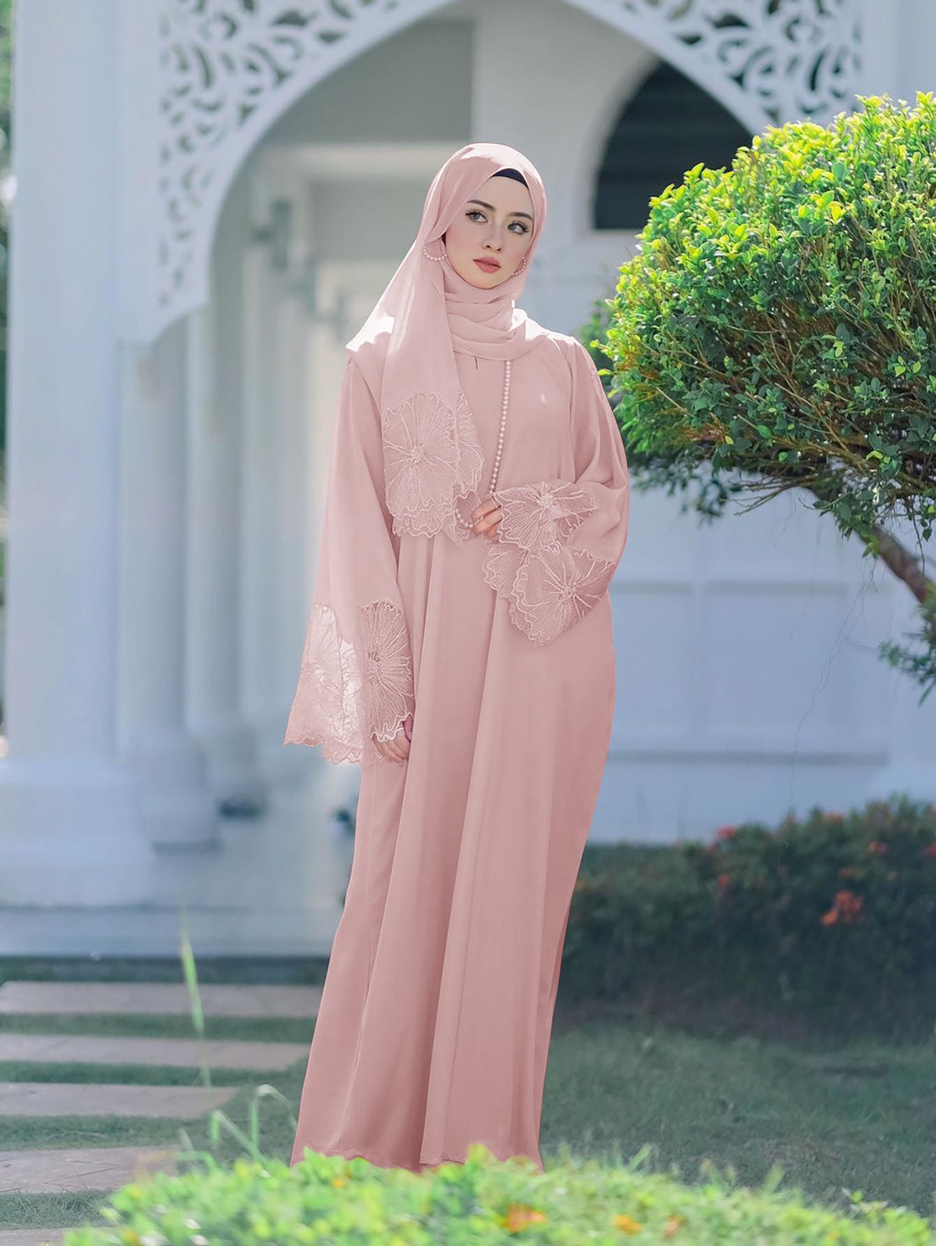 Floral Cut-Work Abaya Dress W/ Hijab