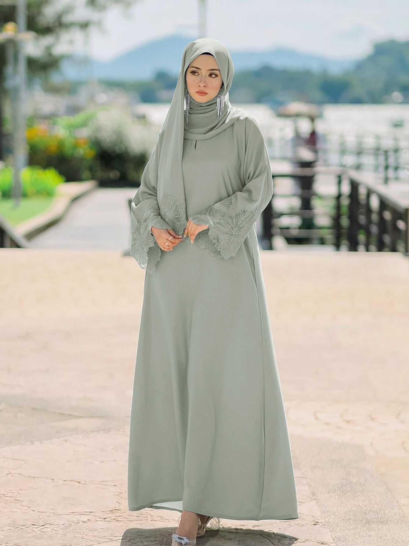 Floral Cut-Work Abaya Dress W/ Hijab