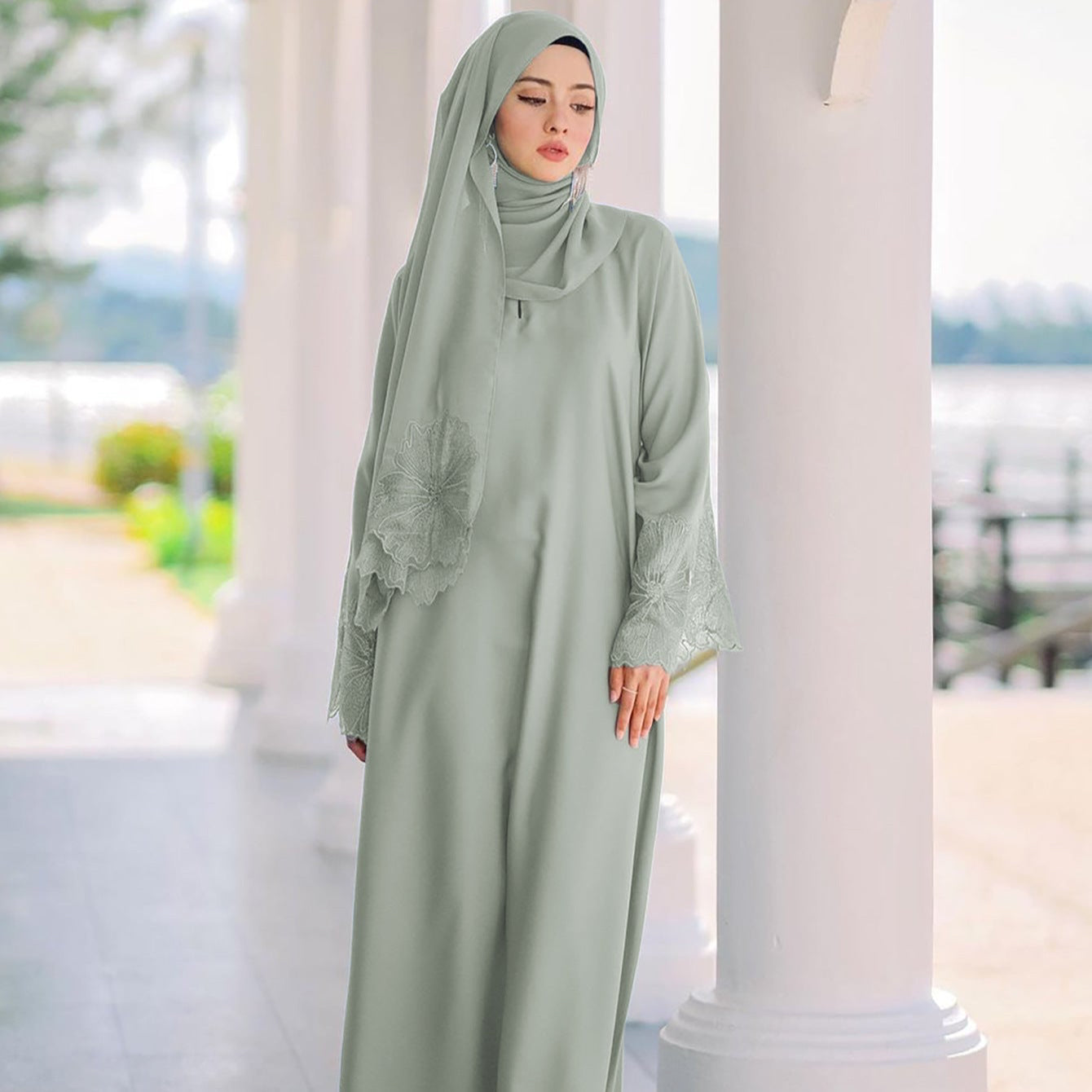 Floral Cut-Work Abaya Dress W/ Hijab