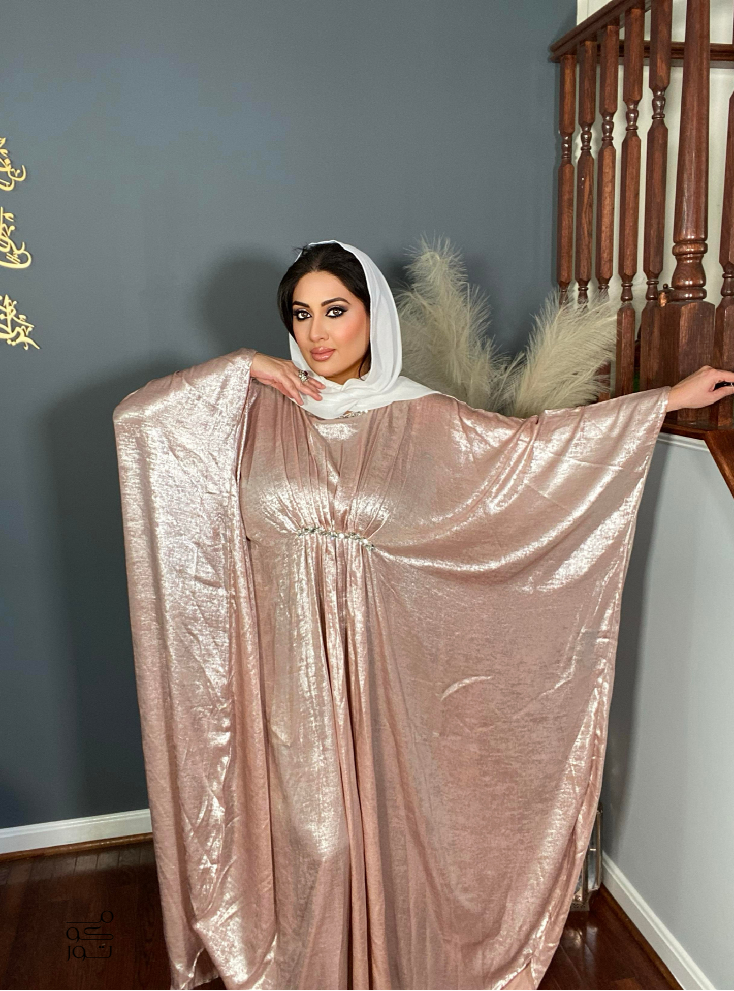 LATIFA - Premium Embellished Inner-Tie Farasha - Rose Gold