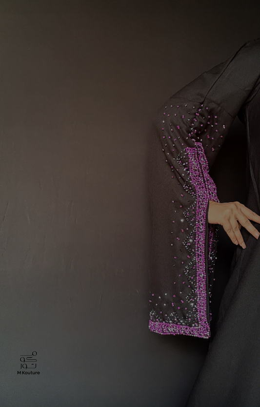 Nouria (Pink) - Open Abaya with Hand Crafted Glass Beadwork