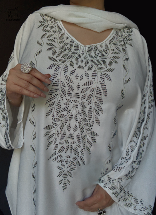 Safiya (White) - Kaftan with Hand Crafted Glass Beadwork