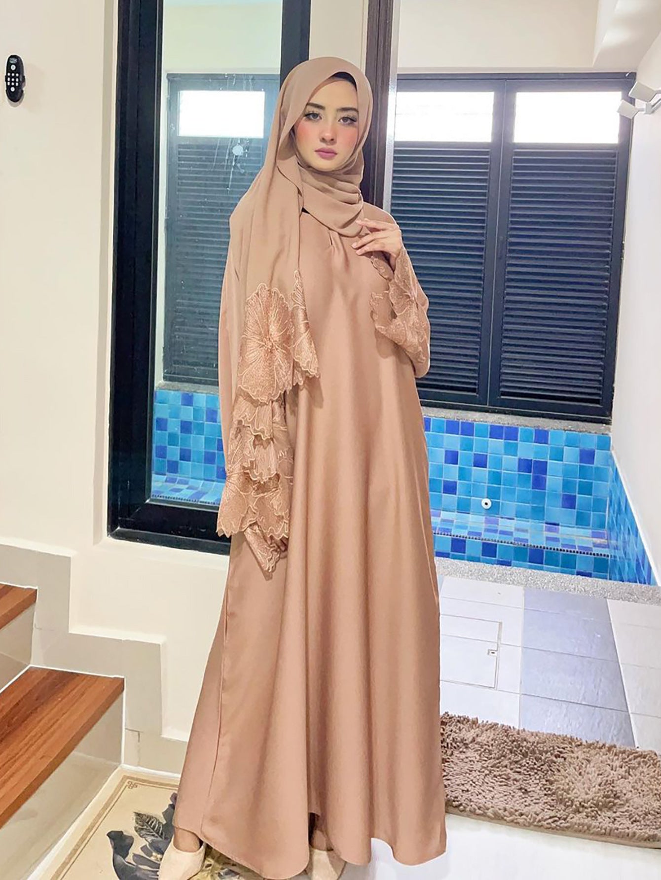 Floral Cut-Work Abaya Dress W/ Hijab