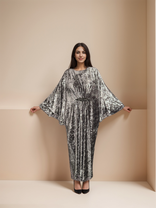 Layan - Premium Velvet Embellished Inner-Tie Farasha - Silver