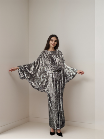 Layan - Premium Velvet Embellished Inner-Tie Farasha - Silver