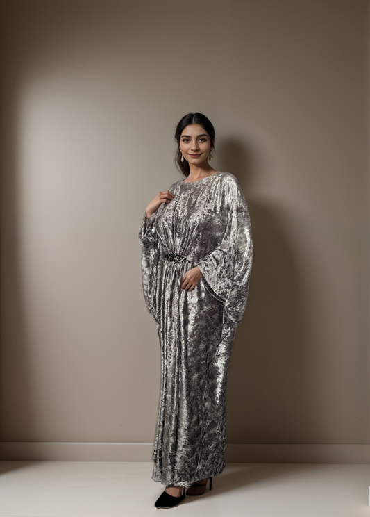 Layan - Premium Velvet Embellished Inner-Tie Farasha - Silver