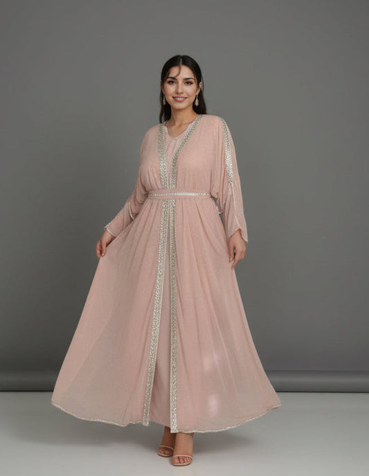 Rawan - 2 Piece Saudi Kaftan - Powder Pink