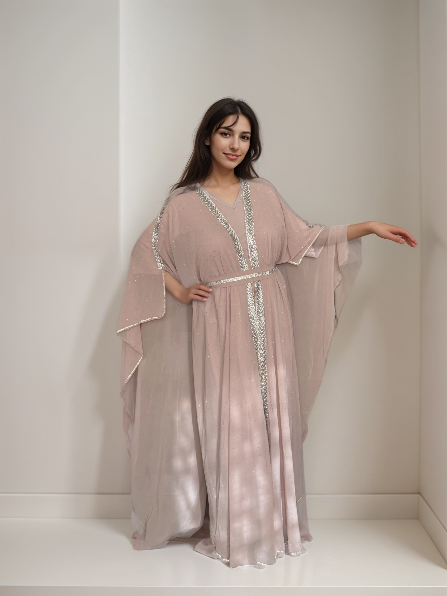Rawan - 2 Piece Saudi Kaftan - Powder Pink