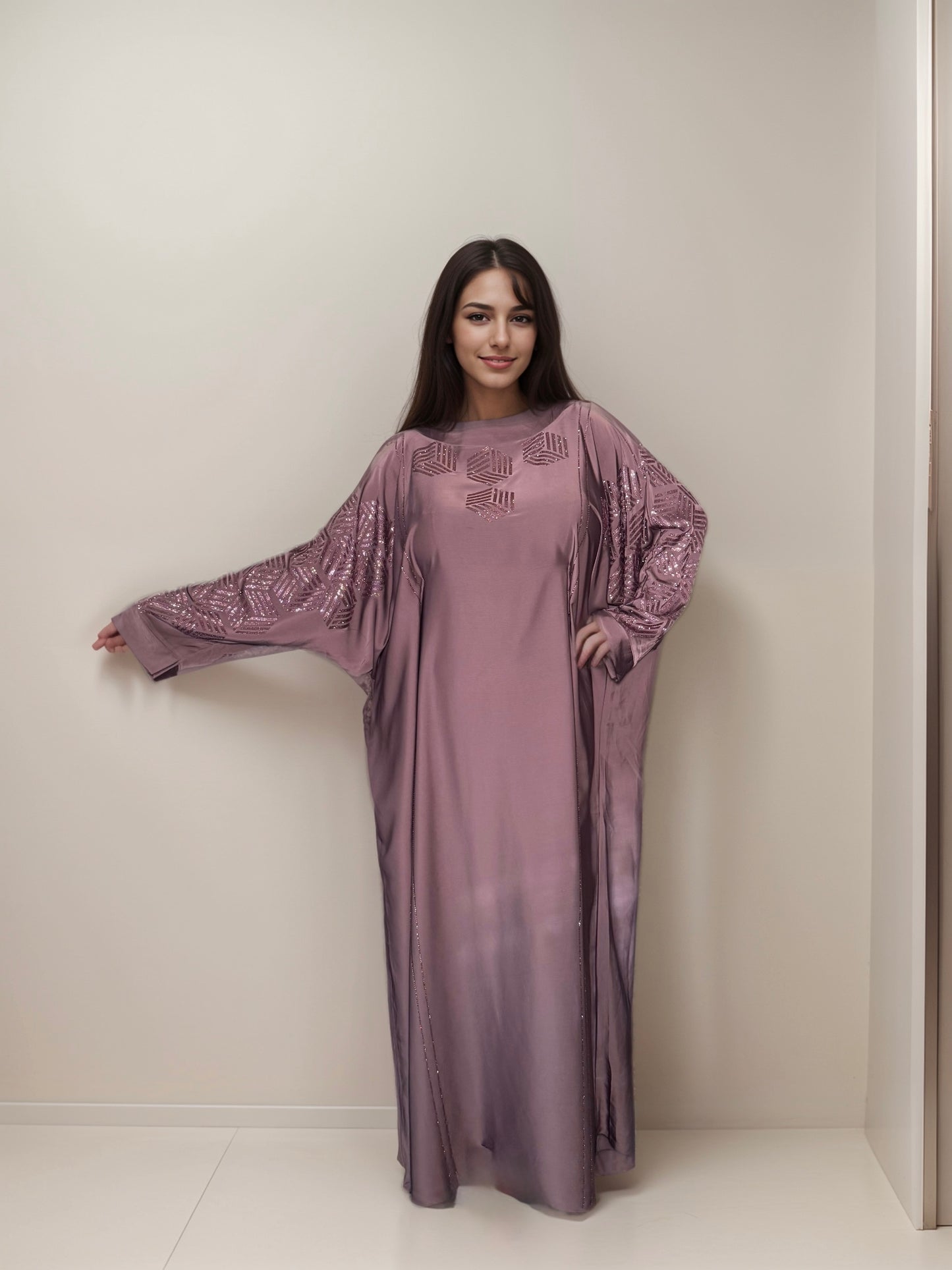 Myra - Embellished Inner Tie Farasha - Dark Mauve
