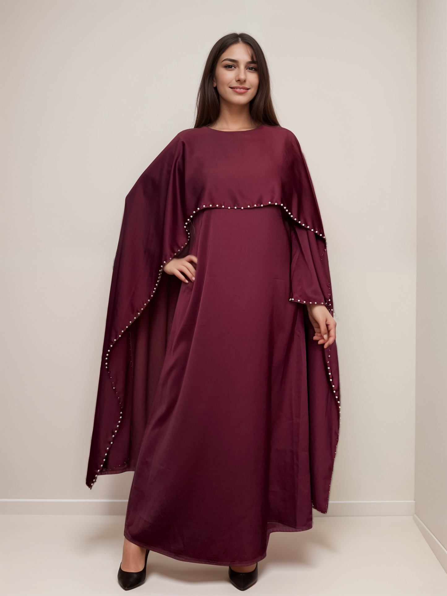 Ahlem - Pearl Beaded Cape Satin Dress