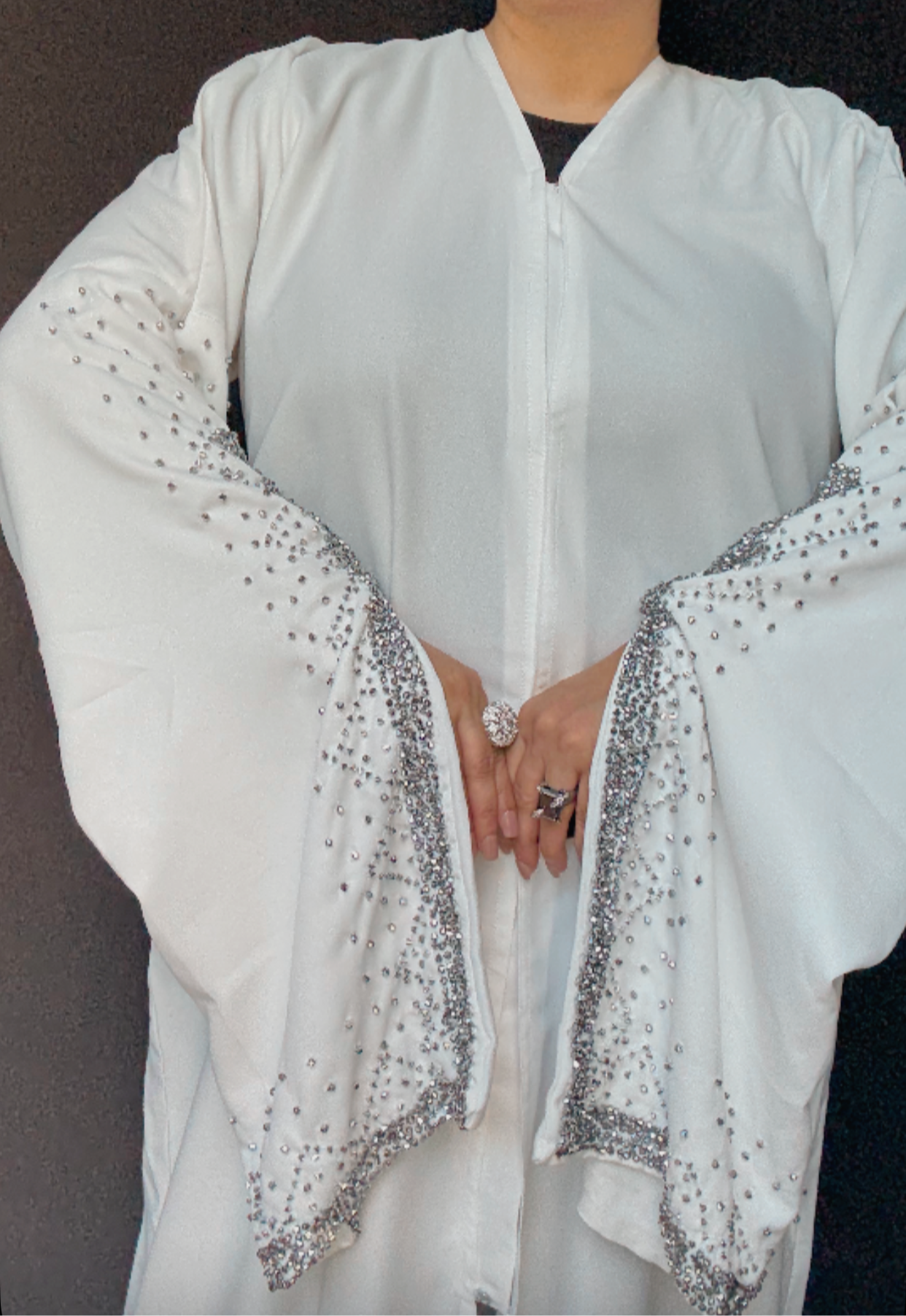 Nouria (White) - Open Abaya with Hand Crafted Glass Beadwork