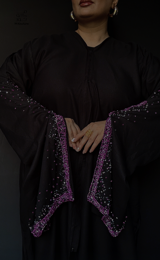 Nouria (Pink) - Open Abaya with Hand Crafted Glass Beadwork