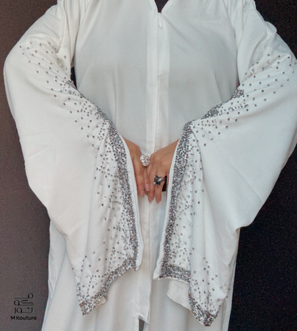 Nouria (White) - Open Abaya with Hand Crafted Glass Beadwork
