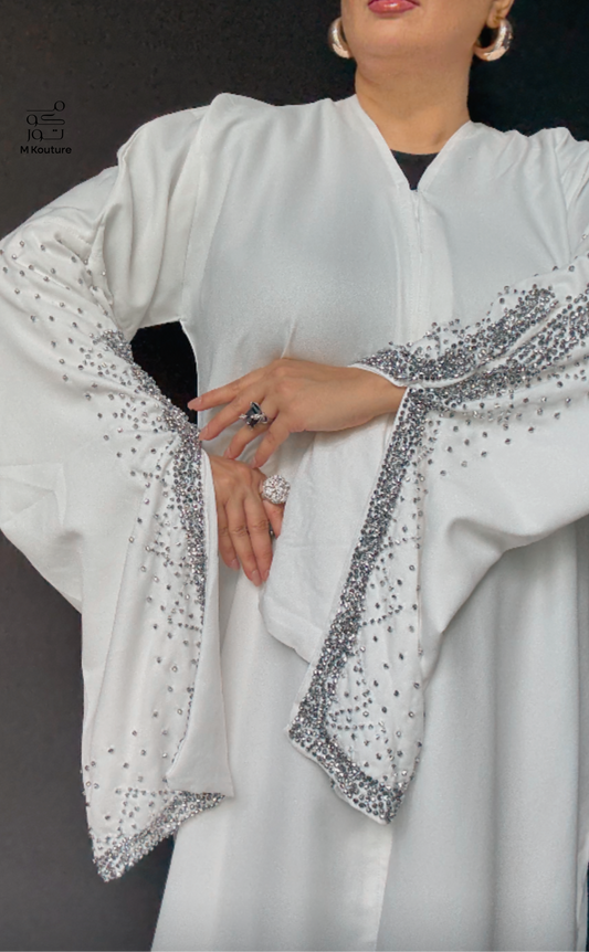 Nouria (White) - Open Abaya with Hand Crafted Glass Beadwork