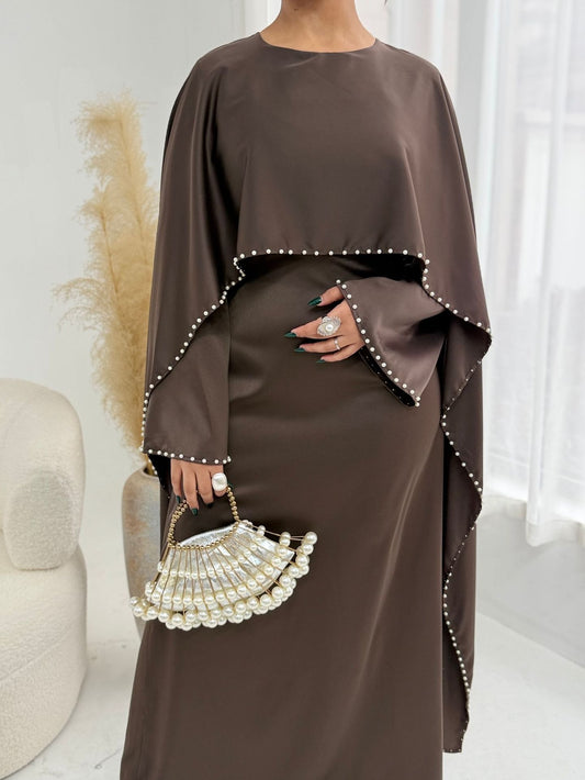 Ahlem - Pearl Beaded Cape Satin Dress