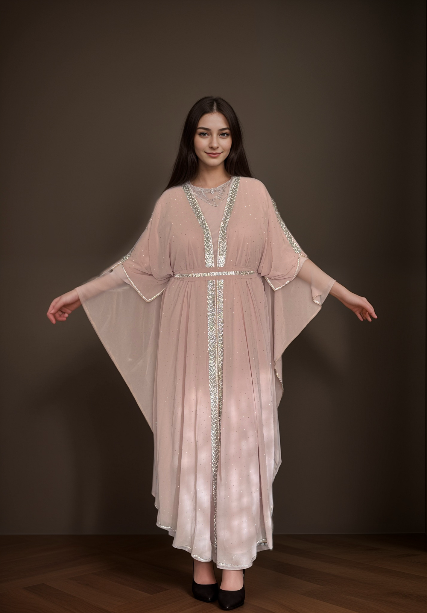 Rawan - 2 Piece Saudi Kaftan - Powder Pink
